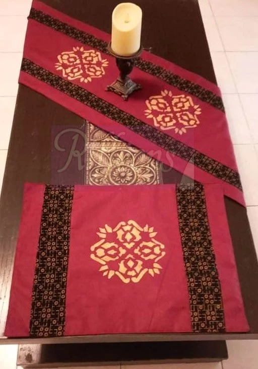 Maroon Runner With Screen Printed motif & Screen Printed patchwork