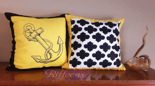 yellow with black nautical themed screen printed covers