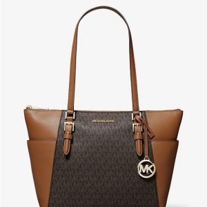 Charlotte Large Logo and Leather Top-Zip Tote Bag - brown