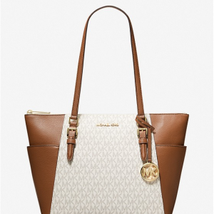 Charlotte Large Logo and Leather Top-Zip Tote Bag - vanilla acorn