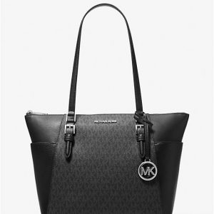 Charlotte Large Logo and Leather Top-Zip Tote Bag - black