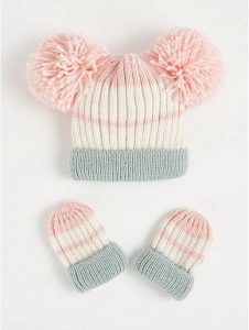 Pink Colour Block Knitted Bobble Hat and Mittens Set