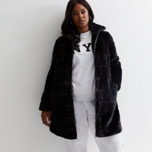 Black Faux Fur Funnel Neck Jacket