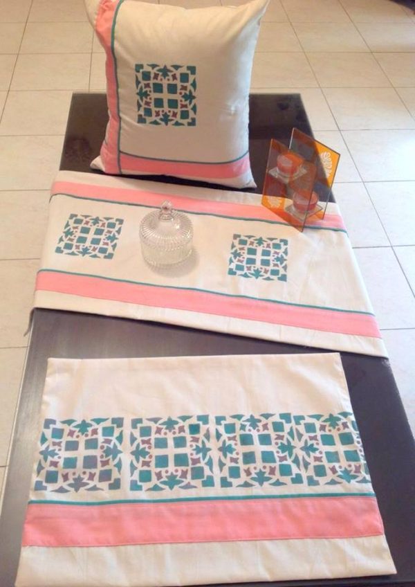 Off white & Teal/Powder Pink Screen Printed Runner