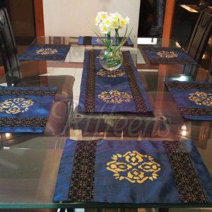 Navy Blue Runner With Screen Printed Motif & Screen Printed Patchwork