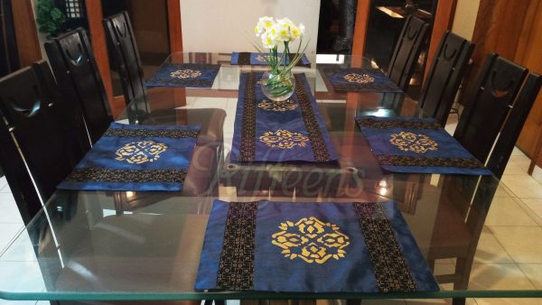 Navy Blue Runner With Screen Printed Motif & Screen Printed Patchwork