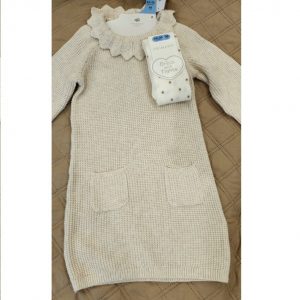 Beige Frilled Collar Sweater Dress With Leggings Set