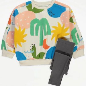Bright Palm Tree Sweatshirt and Ribbed Tights Outfit