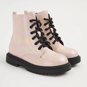 Pink Shimmer Lace Up Chunky Boots