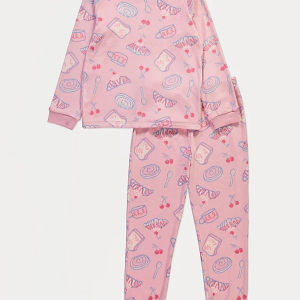 Pink Breakfast Croissant Long Sleeve Fleece Pyjamas