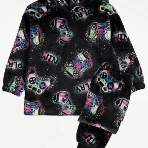 Black Gaming Fleece Hoodie Long Sleeve Pyjamas